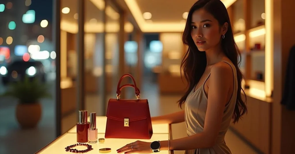 Young woman model showcasing accessories products in a showroom for accessories guides.