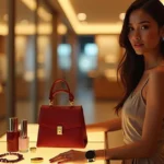 Young woman model showcasing accessories products in a showroom for accessories guides.