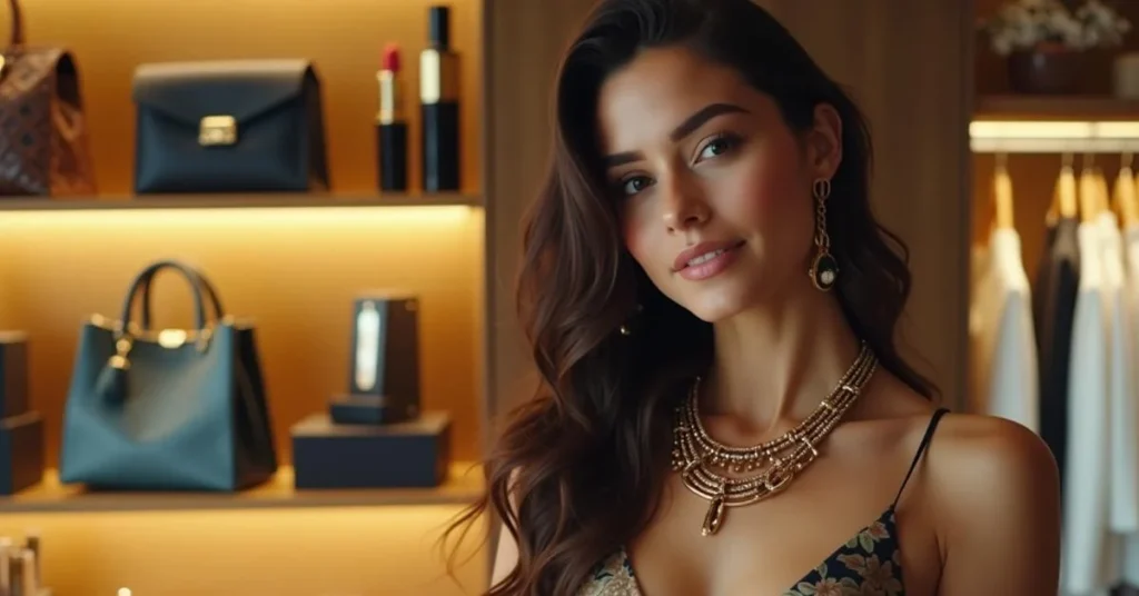 Elegant woman model in a beauty showroom with skincare products and accessories for beauty guides.