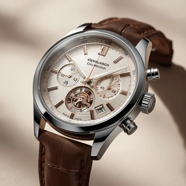 Close-up of a chronograph watch, showcasing detailed design and functionality.