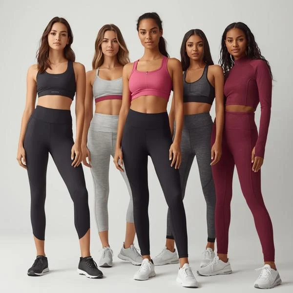 Multiple female models wearing different styles of activewear, including leggings, sports bras, and tracksuits.