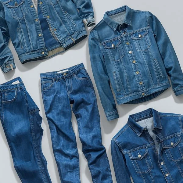 Denim jackets and pants displayed as part of a stylish clothing collection.