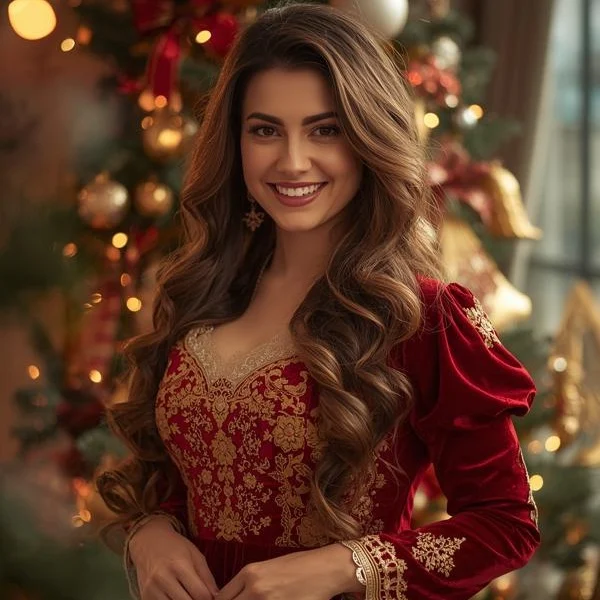 Young woman wearing a stylish red top, posing for fashion photography.