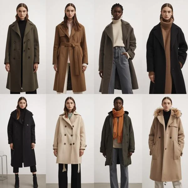 Multiple models wearing different styles of outerwear, including jackets and coats.