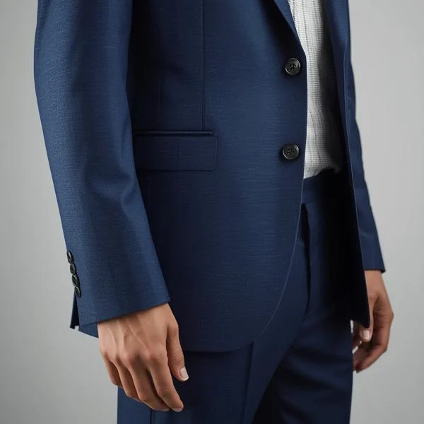 Male model wearing a navy blue suit, showcasing elegant formal fashion.