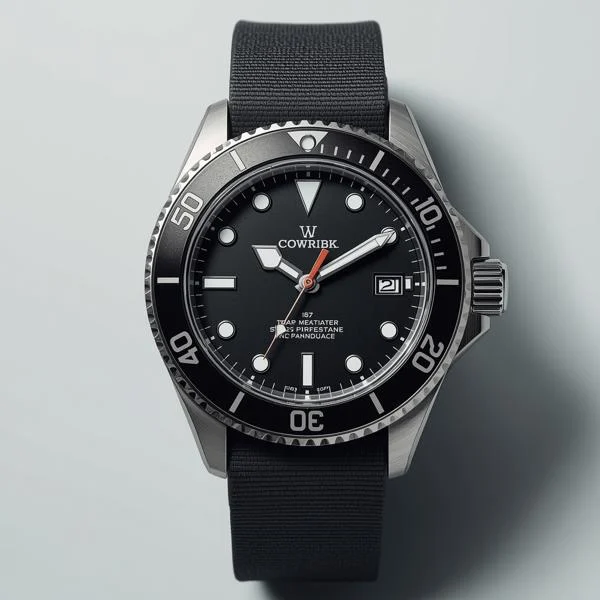 Close-up of a dive watch, showcasing waterproof design and sporty style.
