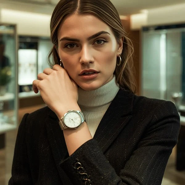 Female model showcasing a stylish dress watch on her wrist.