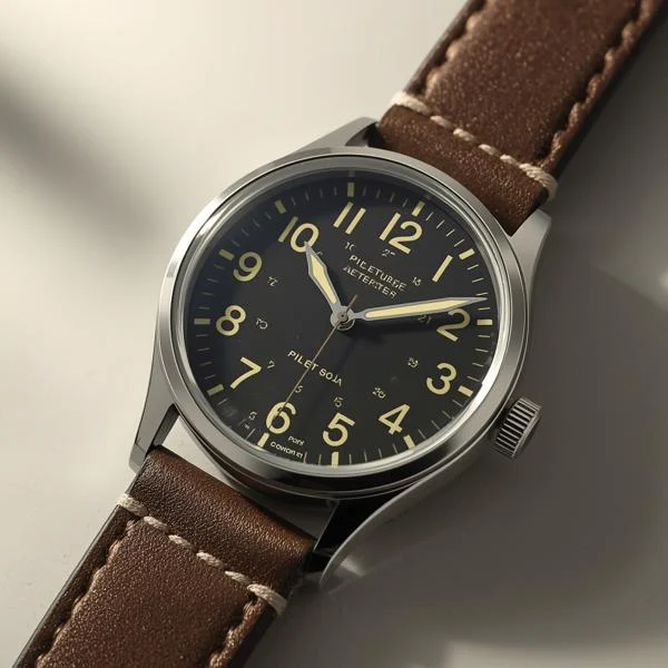 Close-up of a field and pilot style watch, showcasing durable design and precision.