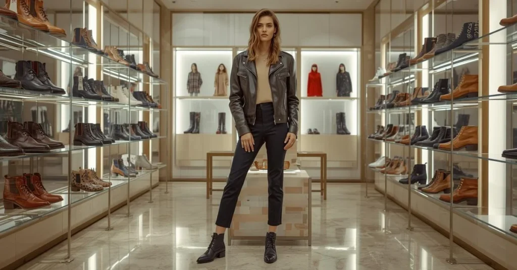 Young woman model wearing luxury shoes in a footwear showroom for footwear guides.