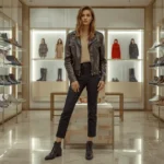 Young woman model wearing luxury shoes in a footwear showroom for footwear guides.