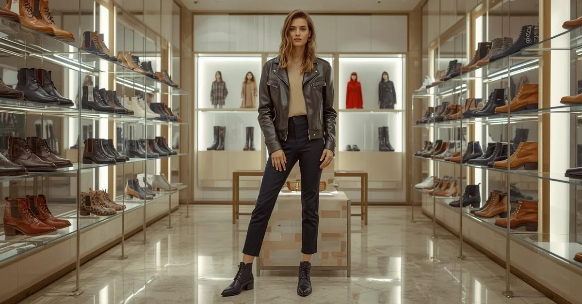 Young woman model wearing luxury shoes in a footwear showroom for footwear guides.