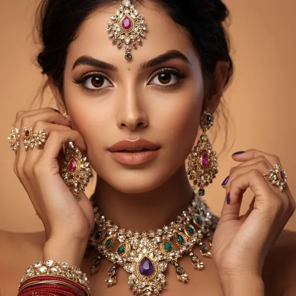 Female model adorned with jewelry, highlighting proper care and maintenance of accessories.