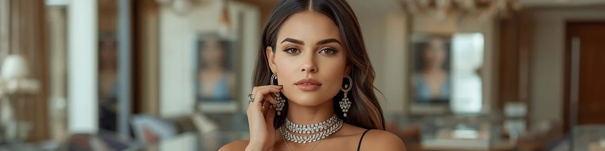 Close-up of a female model wearing elegant jewelry, highlighting necklaces and earrings.