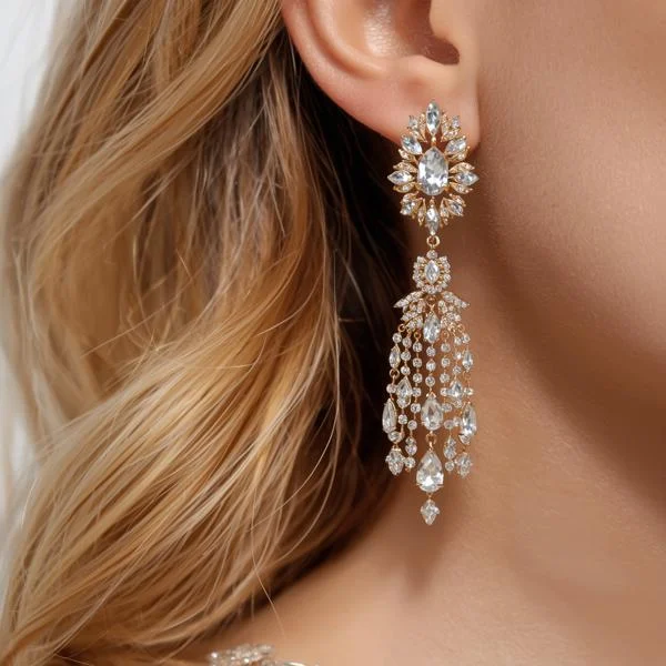 Female model wearing stylish earrings, highlighting elegant jewelry.