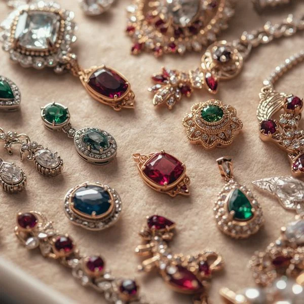 Close-up of jewelry featuring gemstones and diamonds, showcasing luxury and elegance.