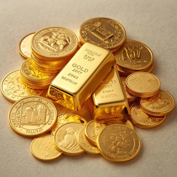 Gold coins and bars, showcasing investment-grade precious metals and jewelry options.