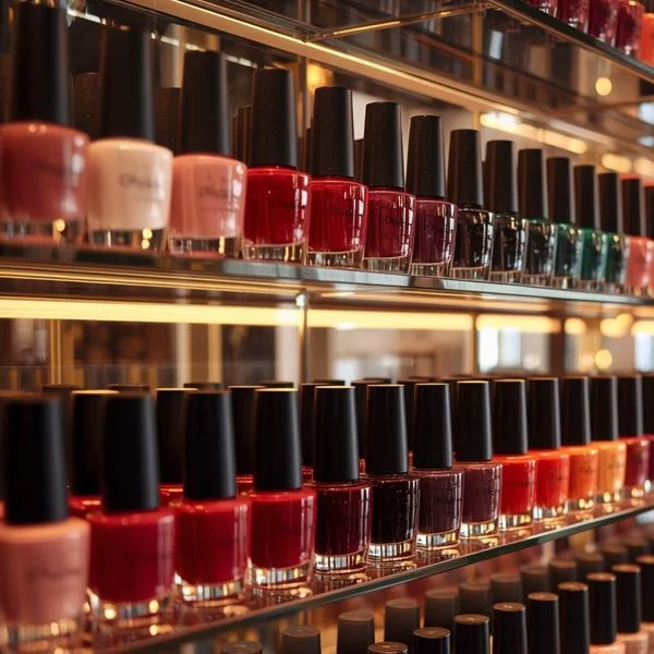 Showcase of colorful nail polish bottles for creative manicures