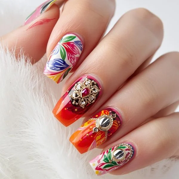 Trendy acrylic nails with creative designs and colors