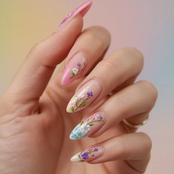Trendy spring nails with pastel colors and floral designs