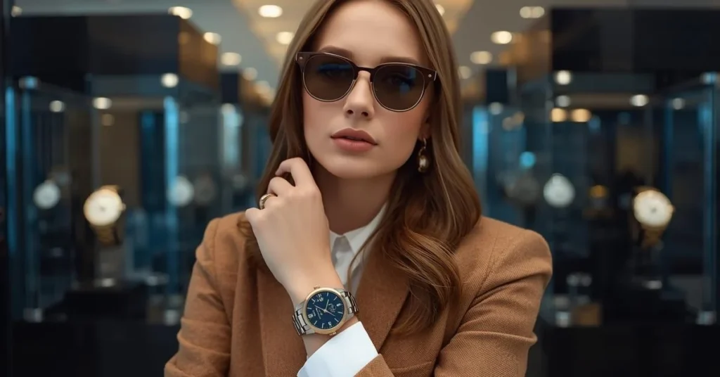 Young woman model wearing sunglasses in a watch showroom showcasing a wristwatch for watch guides.